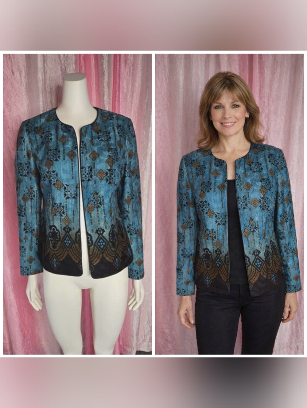 Coldwater Creek Teal Floral Tapestry Classic Open Lined Jacket Size 8